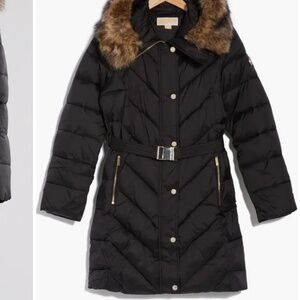 New Michael Kors Faux Fur Trim Water Resistant Belted Black Puffer Jacket